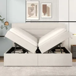 Redom Lit 140x200 cm avec grand rangement, revêtement lin beige, cadre métal et structure bois massif, style minimaliste Hot