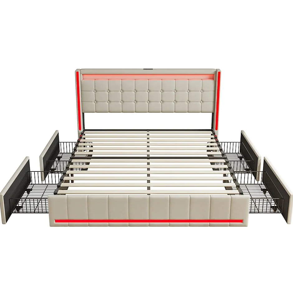 ProximaX Lit 160x200 cm avec LED, 4 tiroirs, USB et Type-C, cadre en lin, pour adultes, beige Hot