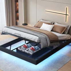 ProximaX Lit 160x200 cm avec LED, cadre flottant, base en bois, PU noir, sans tête de lit, rangement Hot