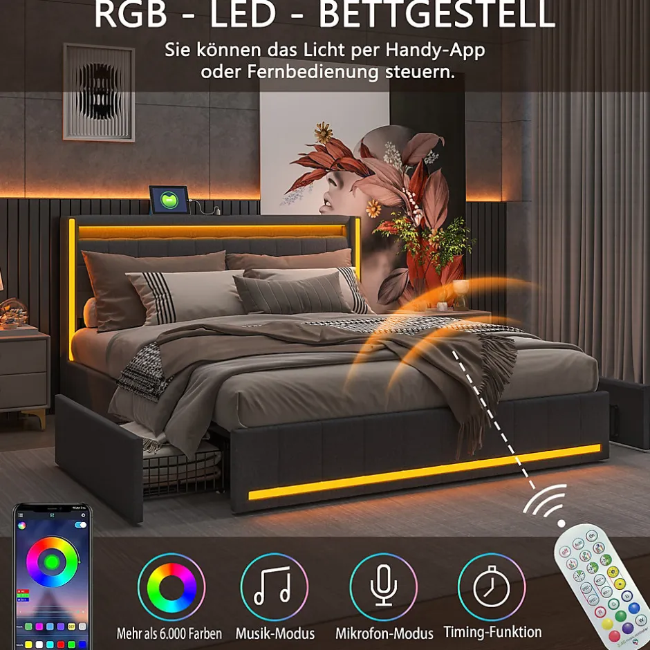 Generique Lit 160x200 cm avec LED et ports USB Type C, lit Queen 160x200 cm avec sommier à lattes et 4 tiroirs, tissu en lin, gris foncé