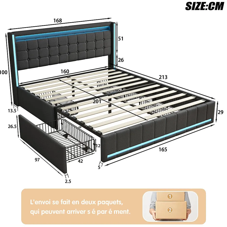 Generique Lit 160x200 cm avec LED et ports USB Type C, lit Queen 160x200 cm avec sommier à lattes et 4 tiroirs, tissu en lin, gris foncé