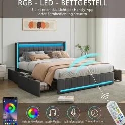 Generique Lit 160x200 cm avec LED et ports USB Type C, lit Queen 160x200 cm avec sommier à lattes et 4 tiroirs, tissu en lin, gris foncé
