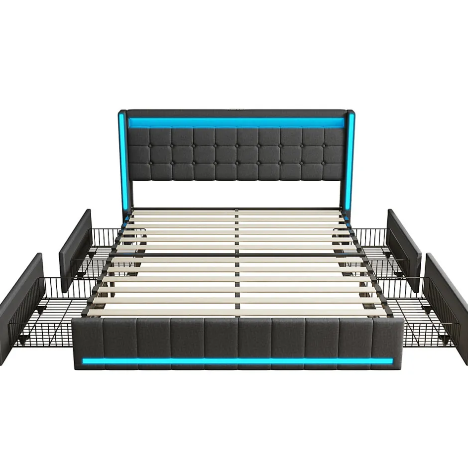 Generique Lit 160x200 cm avec LED et ports USB Type C, lit Queen 160x200 cm avec sommier à lattes et 4 tiroirs, tissu en lin, gris foncé