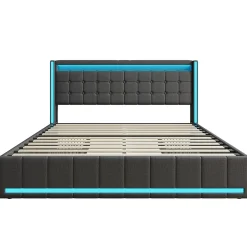 Generique Lit 160x200 cm avec LED et ports USB Type C, lit Queen 160x200 cm avec sommier à lattes et 4 tiroirs, tissu en lin, gris foncé