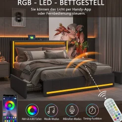 ProximaX Lit 160x200 cm avec LED et ports USB Type C, lit Queen 160x200 cm avec sommier à lattes et 4 tiroirs, tissu en lin, gris foncé
