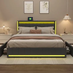 ProximaX Lit 160x200 cm avec LED et ports USB Type C, lit Queen 160x200 cm avec sommier à lattes et 4 tiroirs, tissu en lin, gris foncé