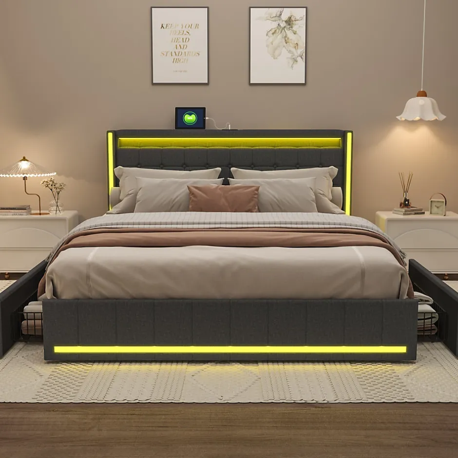 ProximaX Lit 160x200 cm avec LED et ports USB Type C, lit Queen 160x200 cm avec sommier à lattes et 4 tiroirs, tissu en lin, gris foncé