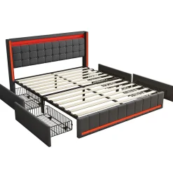 ProximaX Lit 160x200 cm avec LED et ports USB Type C, lit Queen 160x200 cm avec sommier à lattes et 4 tiroirs, tissu en lin, gris foncé