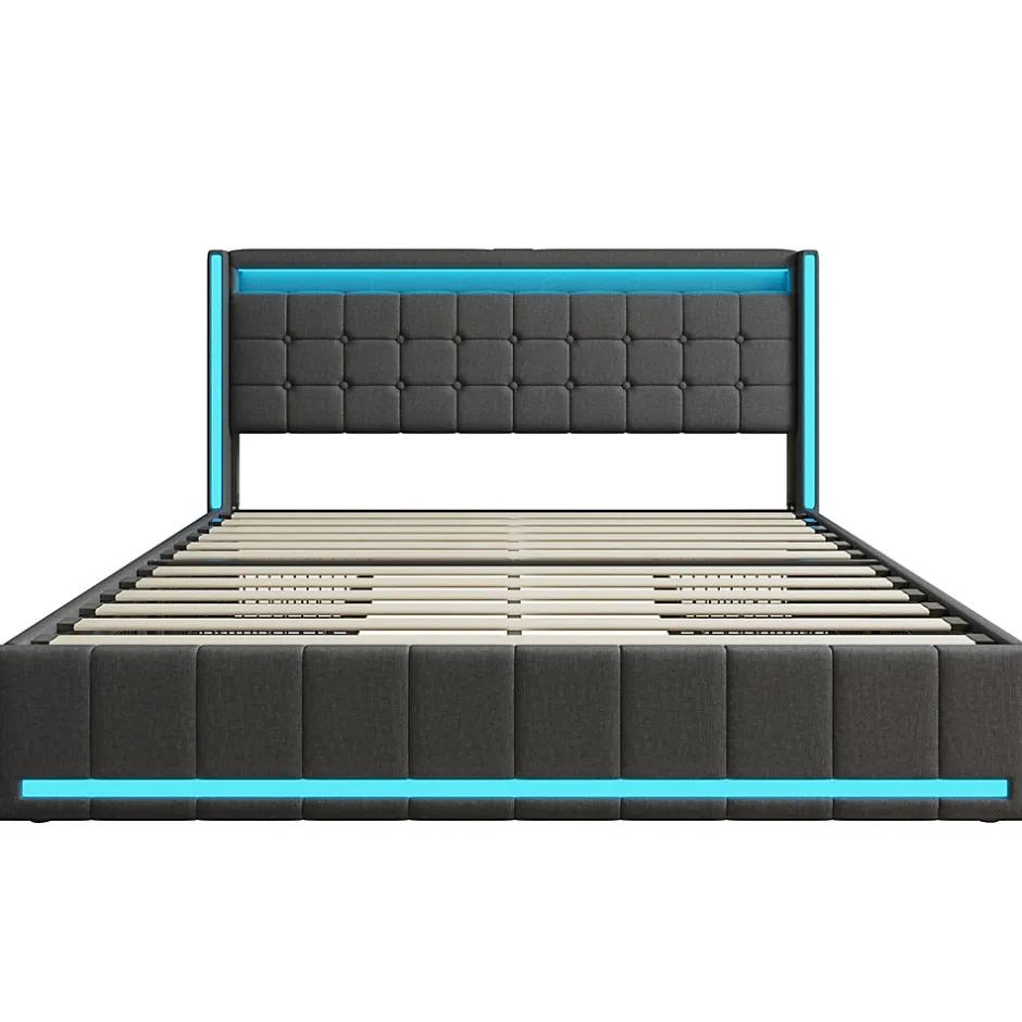 ProximaX Lit 160x200 cm avec LED et ports USB Type C, lit Queen 160x200 cm avec sommier à lattes et 4 tiroirs, tissu en lin, gris foncé
