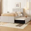 Redom Lit 90x200 cm avec lit gigogne et 3 tiroirs, tête de lit réglable, tapissé lin beige, design minimaliste