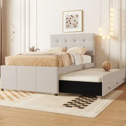 Redom Lit 90x200 cm avec lit gigogne et 3 tiroirs, tête de lit réglable, tapissé lin beige, design minimaliste