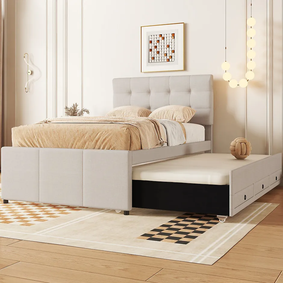 Redom Lit 90x200 cm avec lit gigogne et 3 tiroirs, tête de lit réglable, tapissé lin beige, design minimaliste