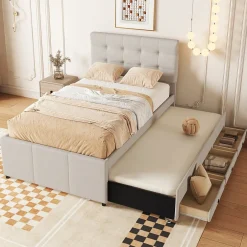 Redom Lit 90x200 cm avec lit gigogne et 3 tiroirs, tête de lit réglable, tapissé lin beige, design minimaliste