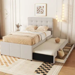 Redom Lit 90x200 cm avec lit gigogne et 3 tiroirs, tête de lit réglable, tapissé lin beige, design minimaliste
