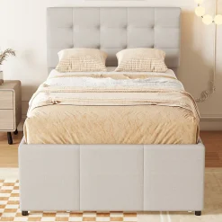 Redom Lit 90x200 cm avec lit gigogne et 3 tiroirs, tête de lit réglable, tapissé lin beige, design minimaliste
