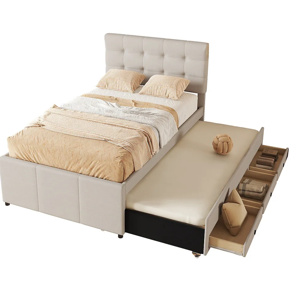 Redom Lit 90x200 cm avec lit gigogne et 3 tiroirs, tête de lit réglable, tapissé lin beige, design minimaliste