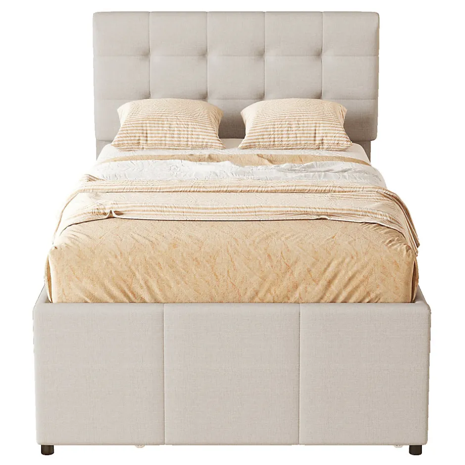 Redom Lit 90x200 cm avec lit gigogne et 3 tiroirs, tête de lit réglable, tapissé lin beige, design minimaliste