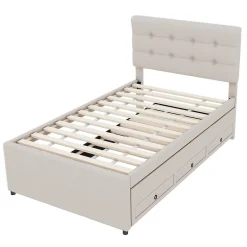 Redom Lit 90x200 cm avec lit gigogne et 3 tiroirs, tête de lit réglable, tapissé lin beige, design minimaliste