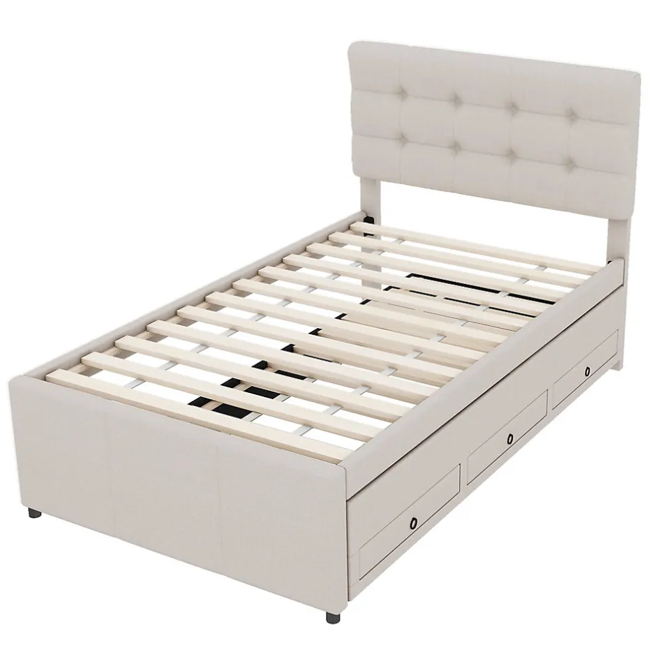 Redom Lit 90x200 cm avec lit gigogne et 3 tiroirs, tête de lit réglable, tapissé lin beige, design minimaliste