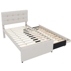 Redom Lit 90x200 cm avec lit gigogne et 3 tiroirs, tête de lit réglable, tapissé lin beige, design minimaliste
