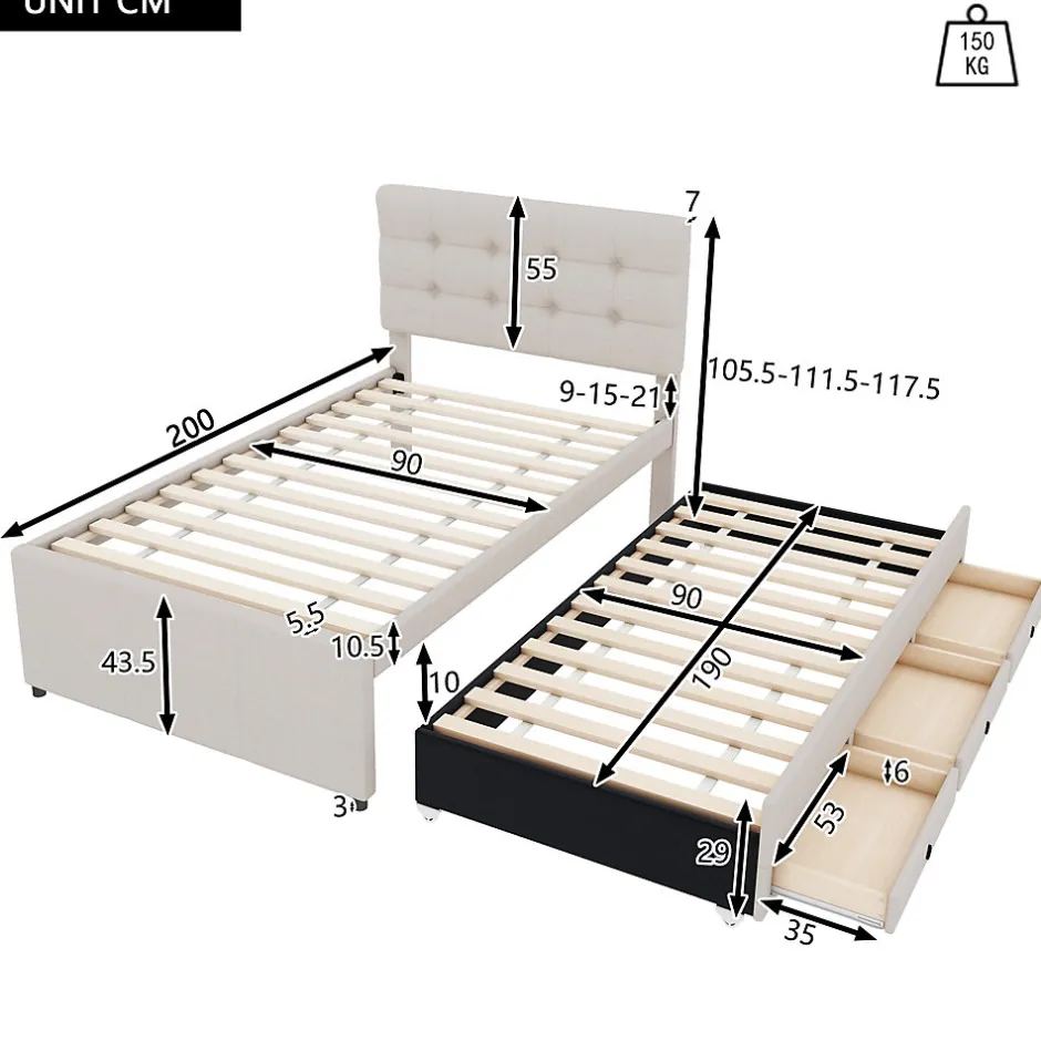 Redom Lit 90x200 cm avec lit gigogne et 3 tiroirs, tête de lit réglable, tapissé lin beige, design minimaliste