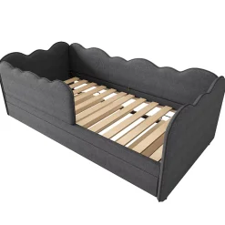 Redom Lit 90x190 cm avec lit gigogne et dossier rembourré en lin gris, côtés modulables pour chambre d'enfant Discount