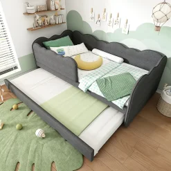 Redom Lit 90x190 cm avec lit gigogne et dossier rembourré en lin gris, côtés modulables pour chambre d'enfant Discount