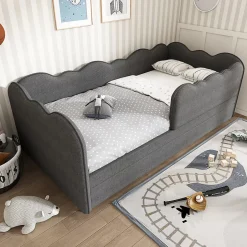 Redom Lit 90x190 cm avec lit gigogne et dossier rembourré en lin gris, côtés modulables pour chambre d'enfant Discount