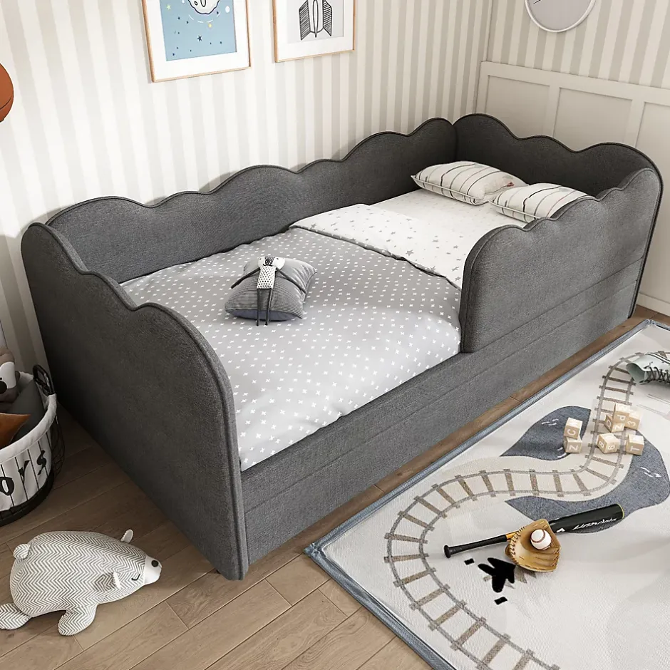 Redom Lit 90x190 cm avec lit gigogne et dossier rembourré en lin gris, côtés modulables pour chambre d'enfant Discount