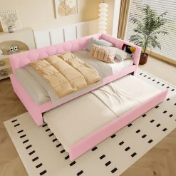 Redom Lit 90x200 cm avec lit gigogne, revêtement velours rose et structure MDF, lampe de chevet intégrée