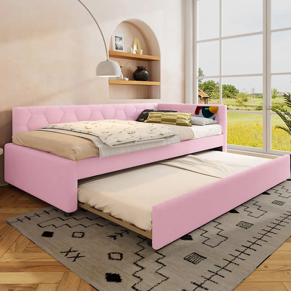Redom Lit 90x200 cm avec lit gigogne, revêtement velours rose et structure MDF, lampe de chevet intégrée