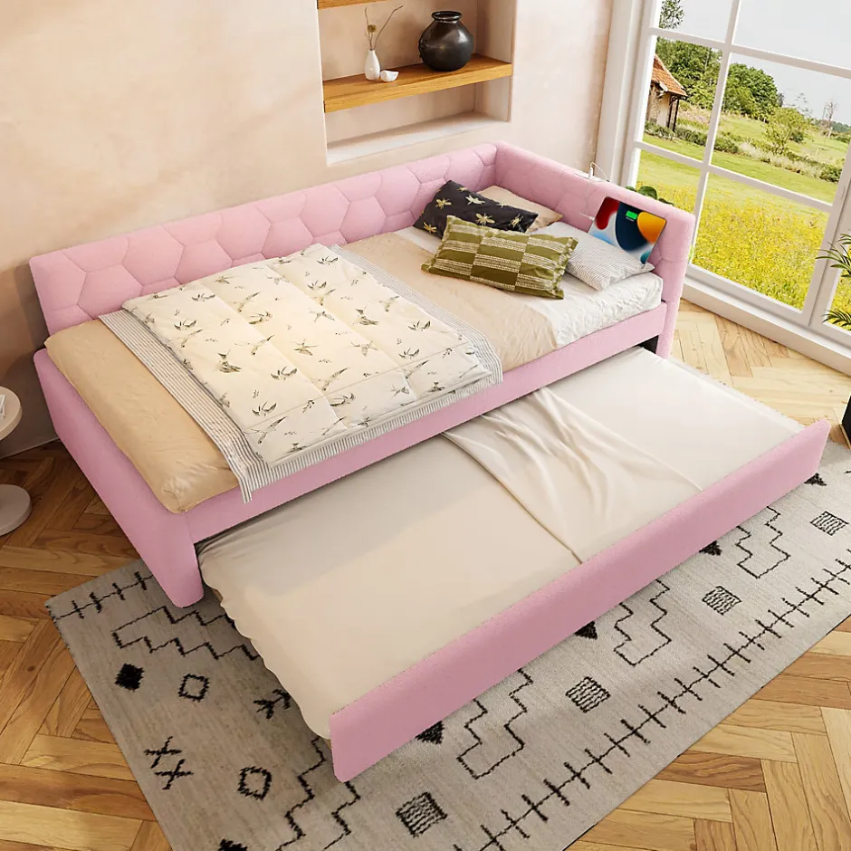 Redom Lit 90x200 cm avec lit gigogne, revêtement velours rose et structure MDF, lampe de chevet intégrée