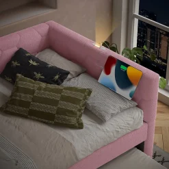 Redom Lit 90x200 cm avec lit gigogne, revêtement velours rose et structure MDF, lampe de chevet intégrée