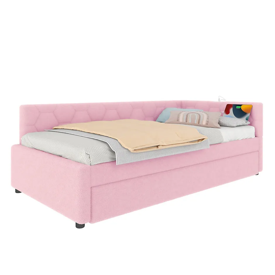 Redom Lit 90x200 cm avec lit gigogne, revêtement velours rose et structure MDF, lampe de chevet intégrée