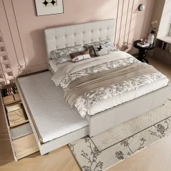 Redom Lit 140x200 cm avec lit gigogne, 3 tiroirs et tête de lit réglable, tapissé lin beige, style minimaliste Hot