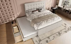 Redom Lit 140x200 cm avec lit gigogne, 3 tiroirs et tête de lit réglable, tapissé lin beige, style minimaliste Hot