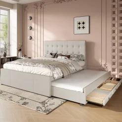 Redom Lit 140x200 cm avec lit gigogne, 3 tiroirs et tête de lit réglable, tapissé lin beige, style minimaliste Hot
