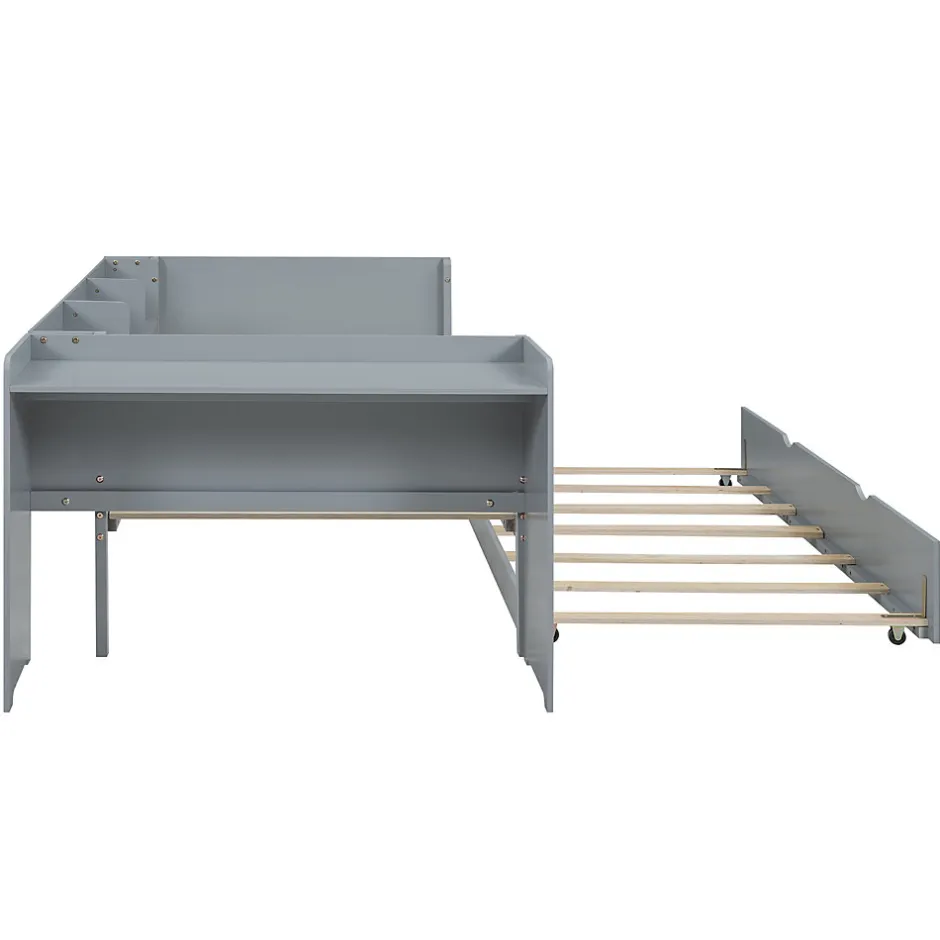 Redom Lit 90x200 cm avec lit gigogne, bureau amovible et 3 étagères latérales, cadre pin massif et MDF, finition gris