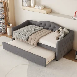 Redom Lit 90x200 cm avec lit gigogne en lin et structure MDF, style minimaliste gris convertible en banquette