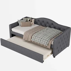 Redom Lit 90x200 cm avec lit gigogne en lin et structure MDF, style minimaliste gris convertible en banquette