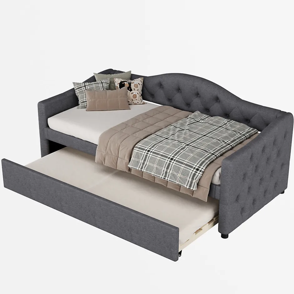 Redom Lit 90x200 cm avec lit gigogne en lin et structure MDF, style minimaliste gris convertible en banquette