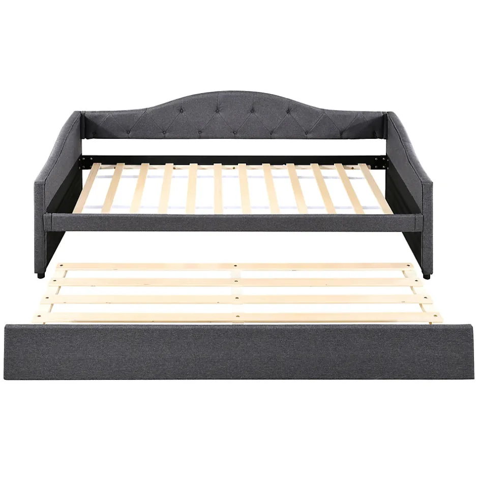 Redom Lit 90x200 cm avec lit gigogne en lin et structure MDF, style minimaliste gris convertible en banquette