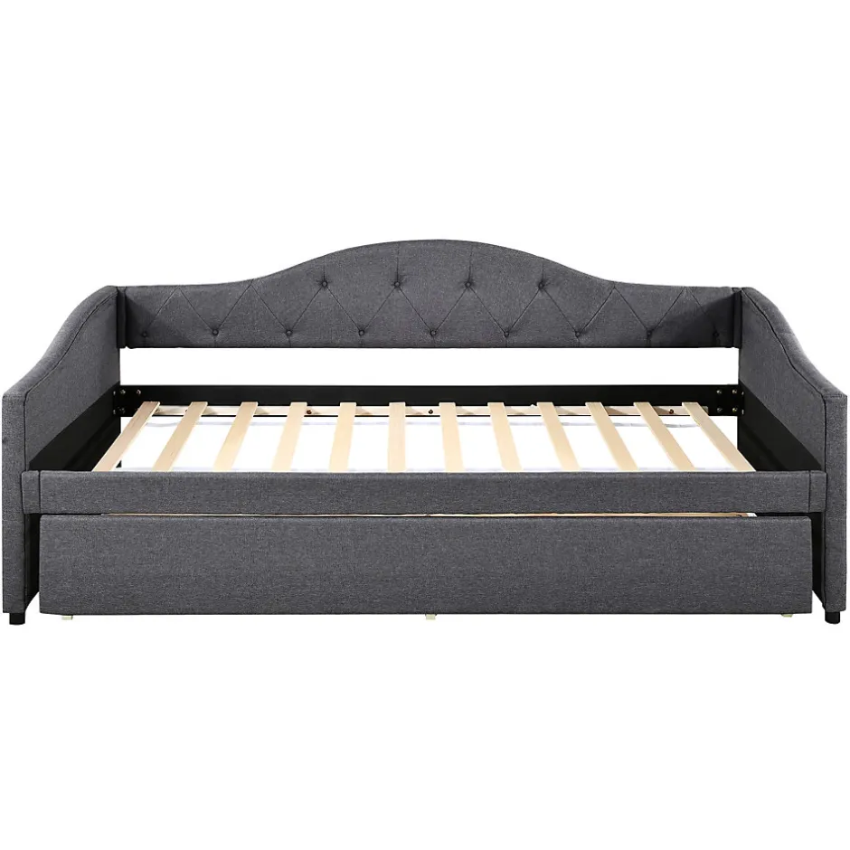 Redom Lit 90x200 cm avec lit gigogne en lin et structure MDF, style minimaliste gris convertible en banquette