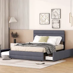 Redom Lit 140x200 cm avec lit gigogne et 2 tiroirs, tapissé lin gris, tête réglable, style moderne et gain de place