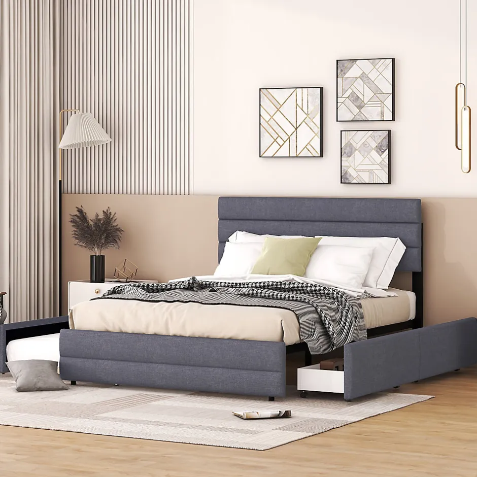 Redom Lit 140x200 cm avec lit gigogne et 2 tiroirs, tapissé lin gris, tête réglable, style moderne et gain de place