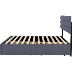 Redom Lit 140x200 cm avec lit gigogne et 2 tiroirs, tapissé lin gris, tête réglable, style moderne et gain de place
