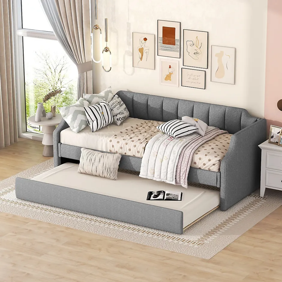 Redom Lit 90x200 cm avec lit gigogne roulant, tapissé lin gris, dossier et accoudoirs arrondis design contemporain