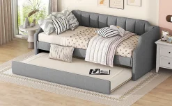 Redom Lit 90x200 cm avec lit gigogne roulant, tapissé lin gris, dossier et accoudoirs arrondis design contemporain