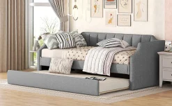 Redom Lit 90x200 cm avec lit gigogne roulant, tapissé lin gris, dossier et accoudoirs arrondis design contemporain