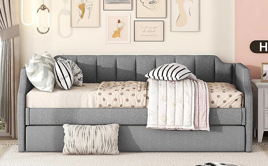 Redom Lit 90x200 cm avec lit gigogne roulant, tapissé lin gris, dossier et accoudoirs arrondis design contemporain